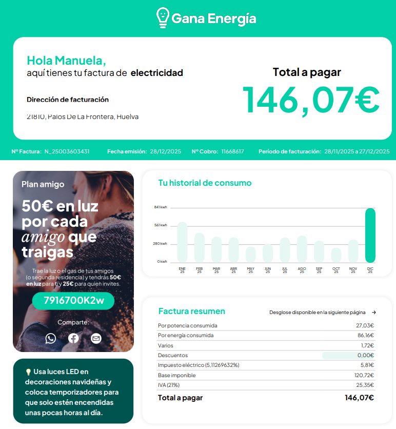 Datos generales de una factura de luz de Gana Energía