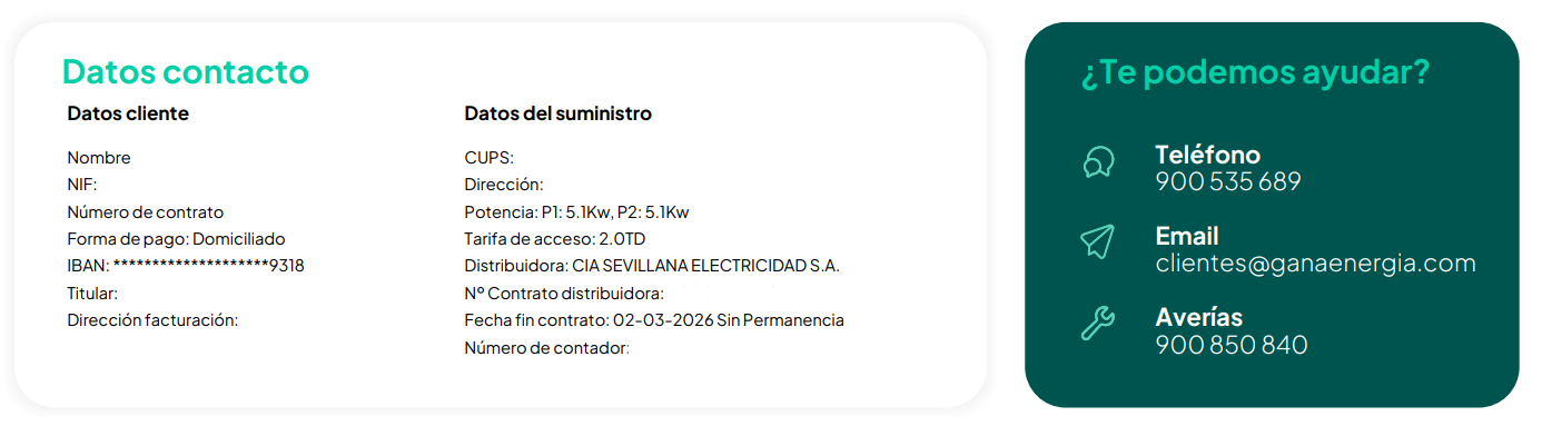Datos de contacto y del suministro en una factura de luz de Gana Energía
