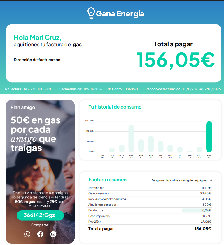 Datos generales de una factura de gas de Gana Energía