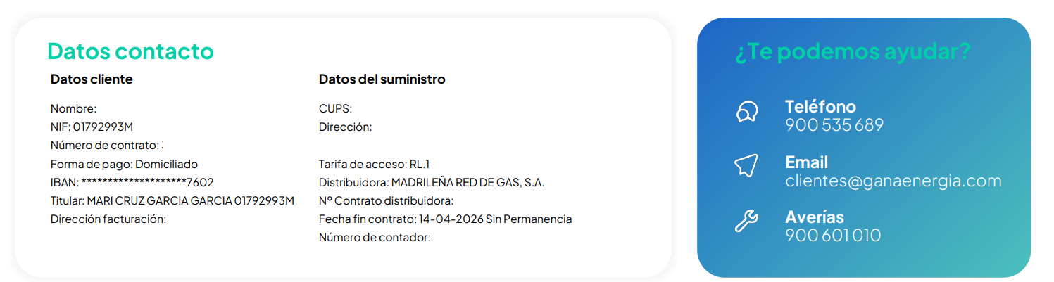 Datos de contacto y del suministro en una factura de gas de Gana Energía