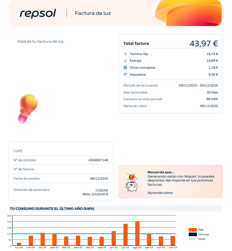 Factura de luz de Repsol 2025