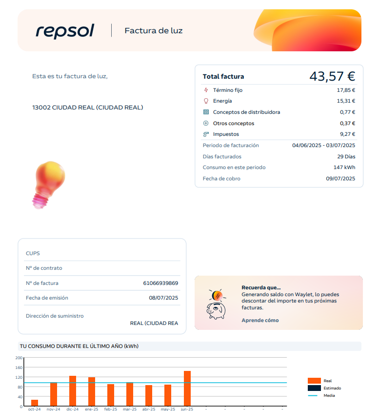 Anverso factura de luz de Repsol 2025