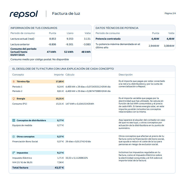 Reverso factura de luz de Repsol 2025