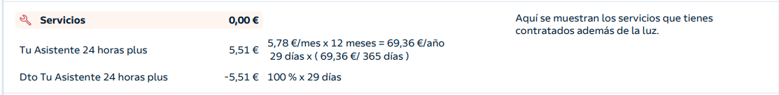 Servicio de mantenimiento contratado en una factura de luz de Repsol