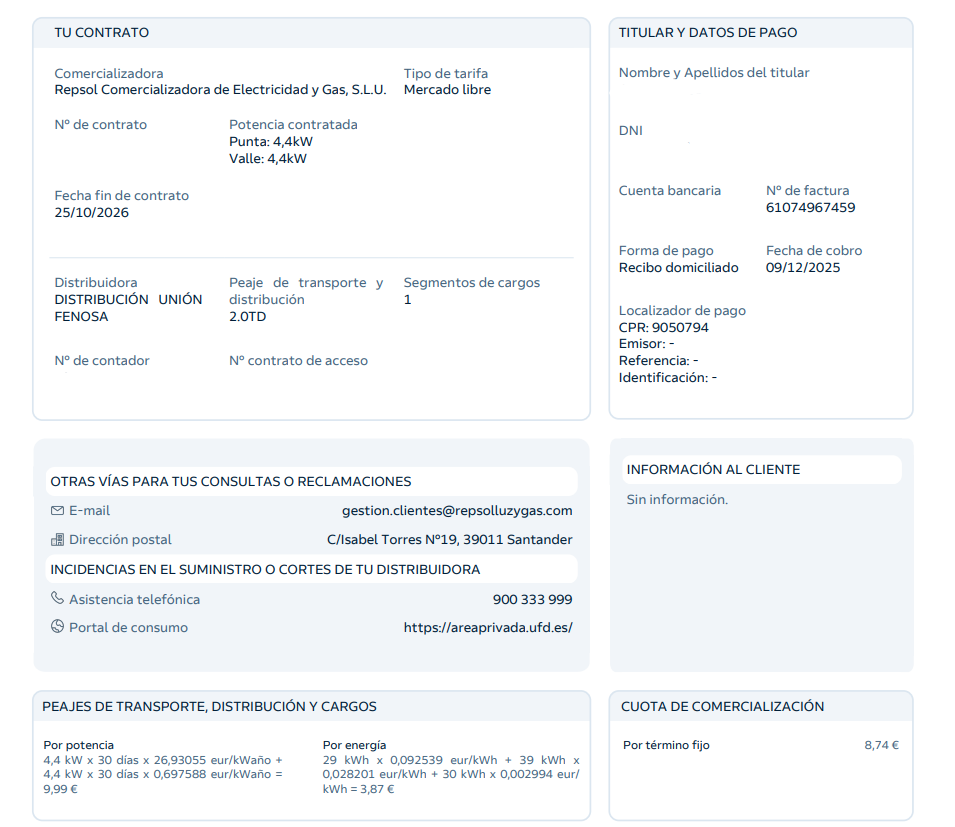 Reverso de una factura de luz de Repsol