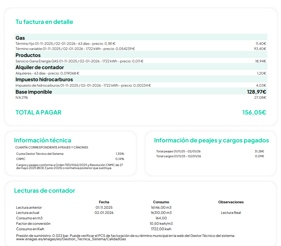 Detalle de la factura de gas de Gana Energía