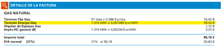 Término variable de gas factura Endesa